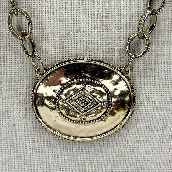 Chicos Gold Tone Chain Necklace Reversible Rhinestone Pendant Statement ✨ - Picture 2 of 8